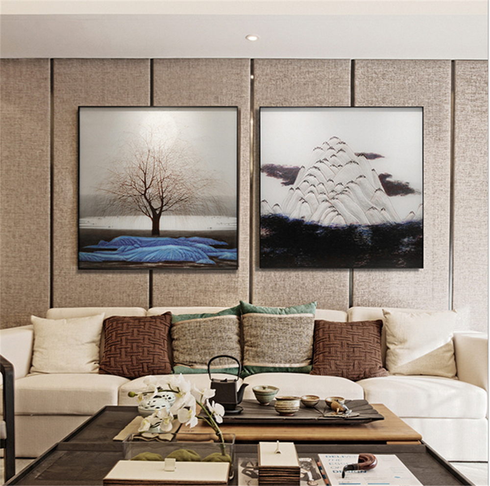 新中式入门玄关沙发客厅餐桌背景墙青山带框挂画壁画晶瓷琉璃彩艺术玻璃画