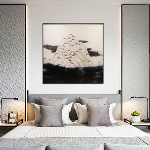 新中式入门玄关沙发客厅餐桌背景墙青山带框挂画壁画晶瓷琉璃彩艺术玻璃画