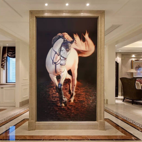 广州厂家直供带框入门玄关晶瓷装饰画3D立体挂画客厅餐桌背景墙马到功成琉璃彩玻璃壁画